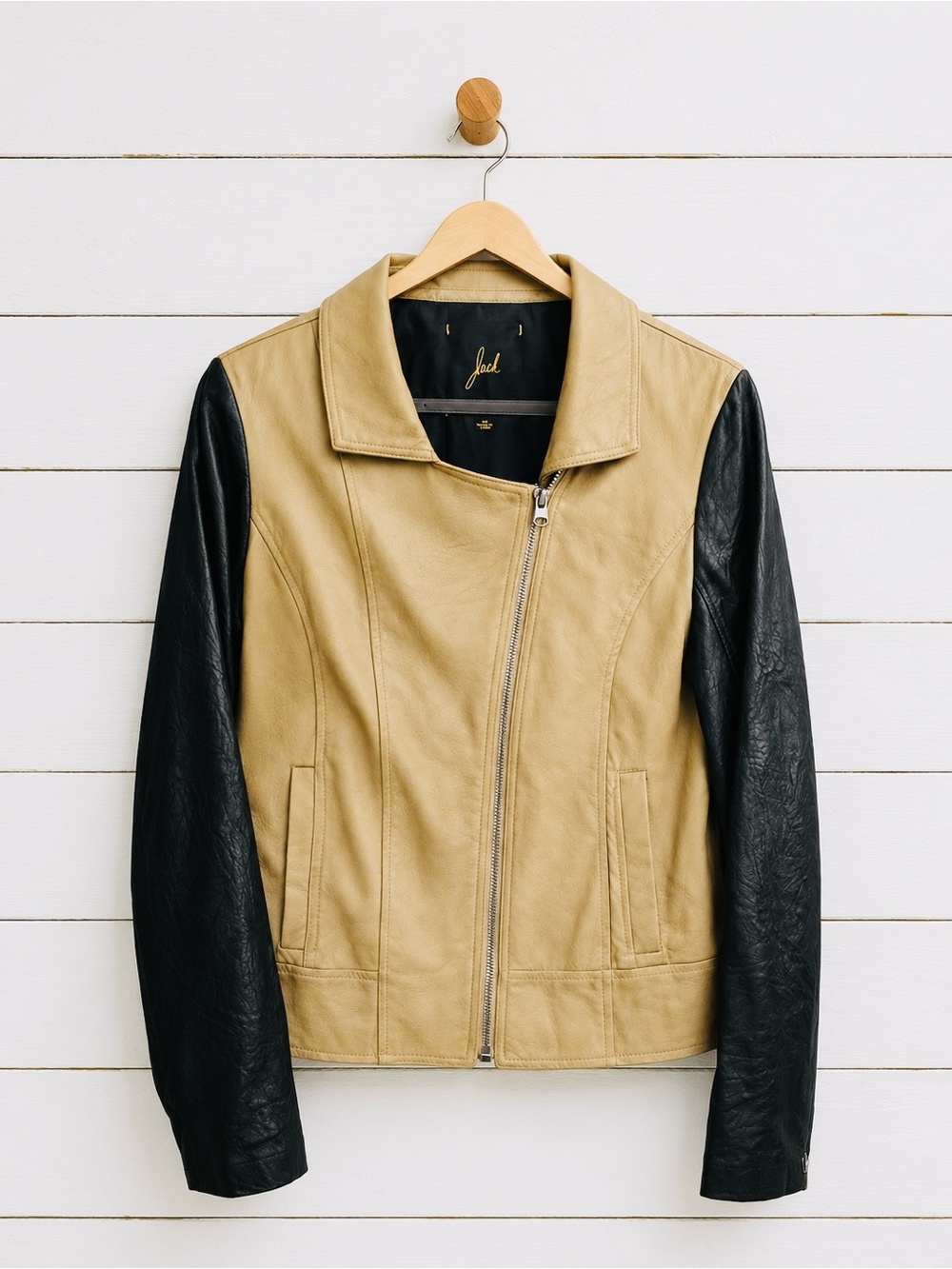 Jack by BB Dakota Two-Tone Leather Jacket — Tan Body with Black Sleeves